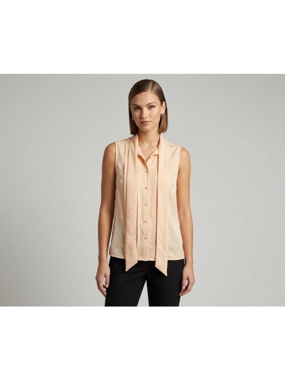 Calvin Klein Womens S Peach Chevron Textured Sleeveless Button Up Tie Blouse